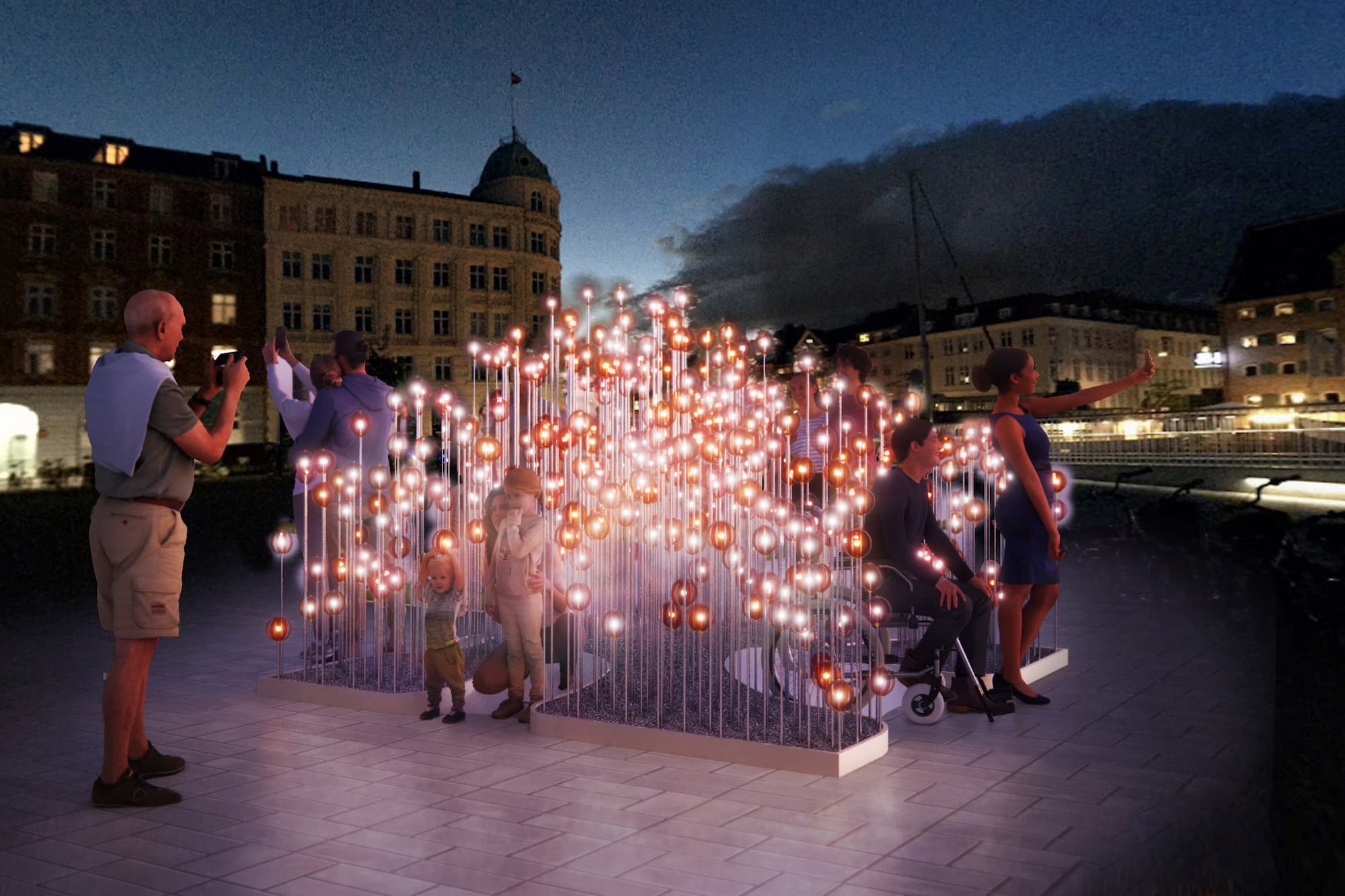 Visualisering af et af lysværkerne, som du kan opleve i Ørestad under CPH Light Festival 2023.
