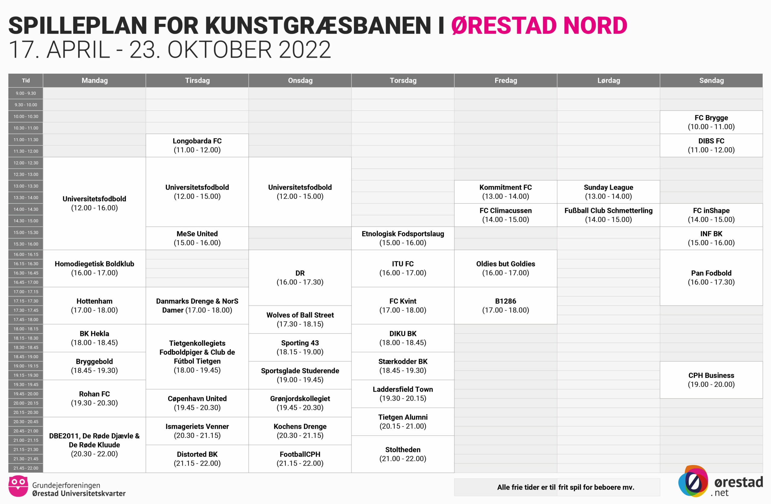 Spilleplan for kunstgræsbanen i Ørestad Nord, gældende fra 7. april - 23. oktober 2022.