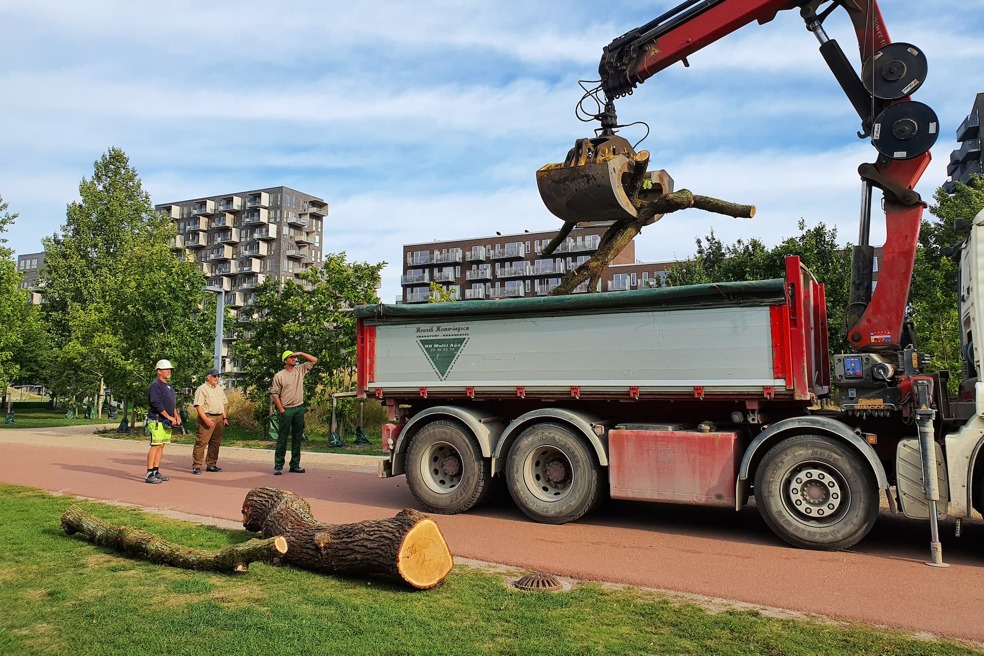Der ankommer "nye" gamle træstammer til Byparken i Ørestad.