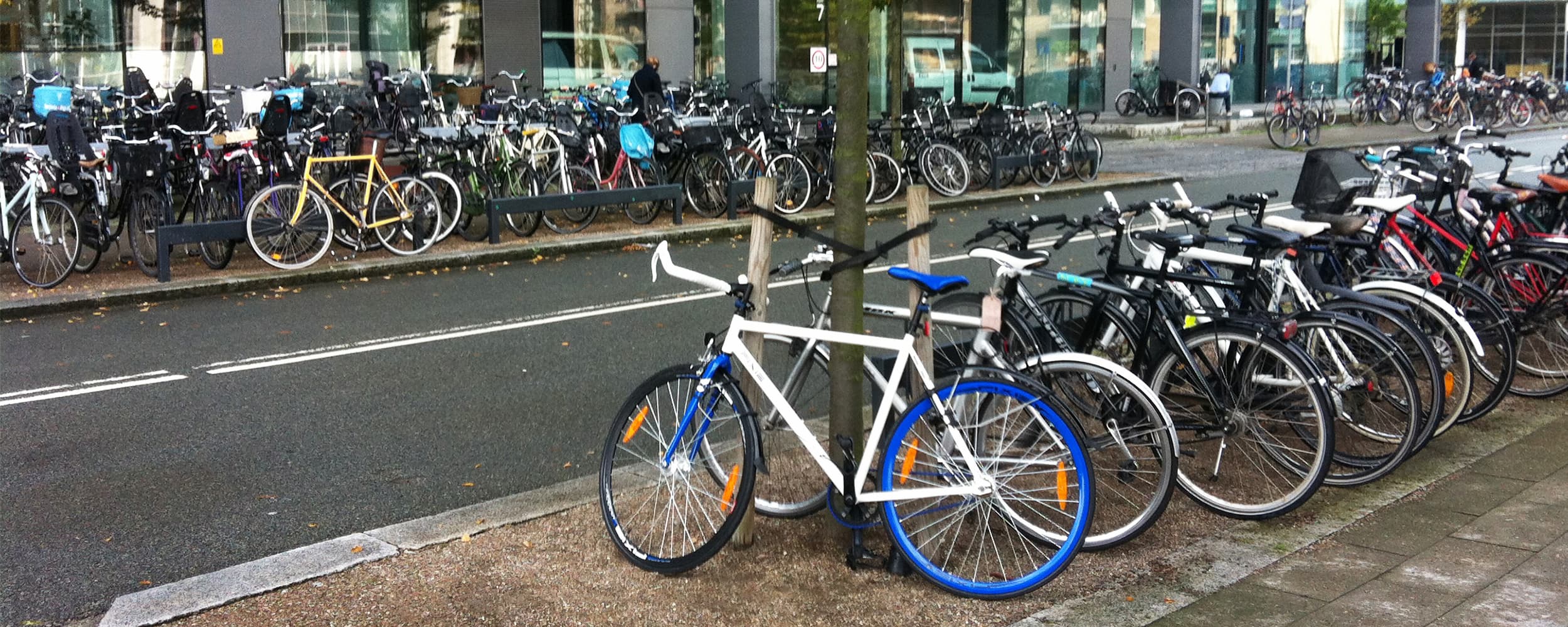 Cykelkaos på Kaj Munks Vej i Ørestad Nord. Ørestads grundejerforeninger rydder i februar og marts 2023 op og fjerne efterladte cykler. Cykeloprydningen bliver varslet 4-6 uger i forvejen med mærker på cyklerne.