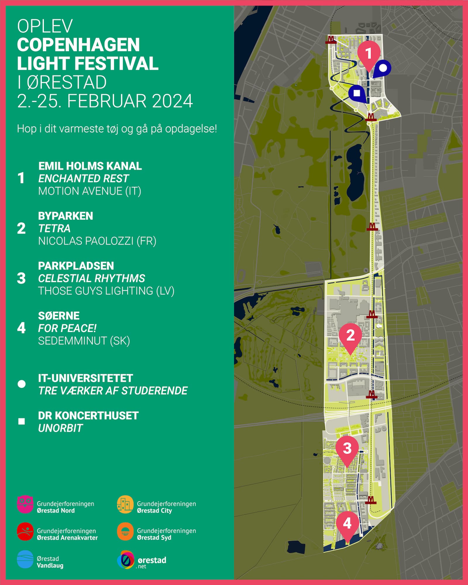 Kort over lysværker i Ørestad under Copenhagen Light Festival 2024.