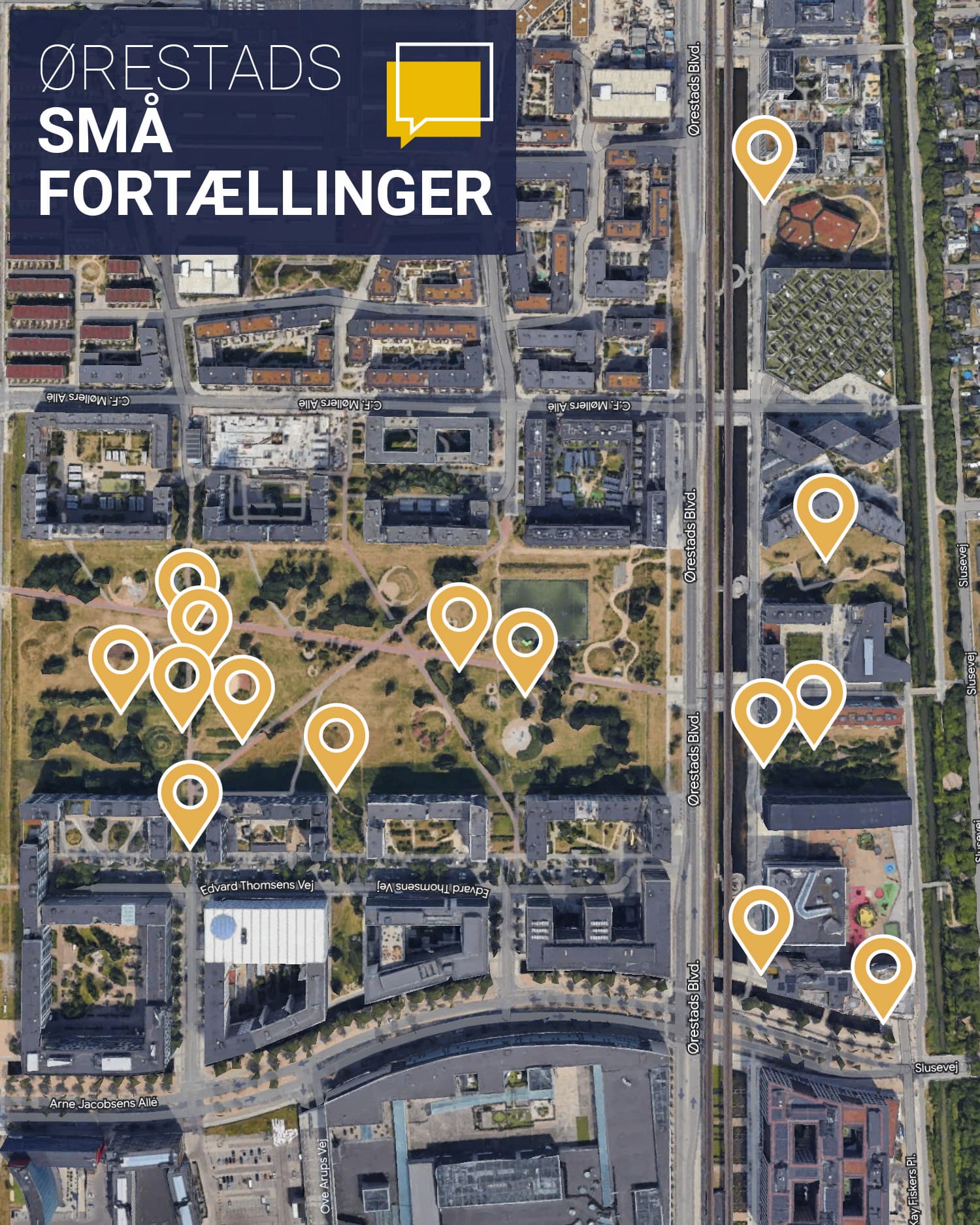 Kort, der viser placeringen af 15 skilte, som formidler Ørestads små fortællinger.