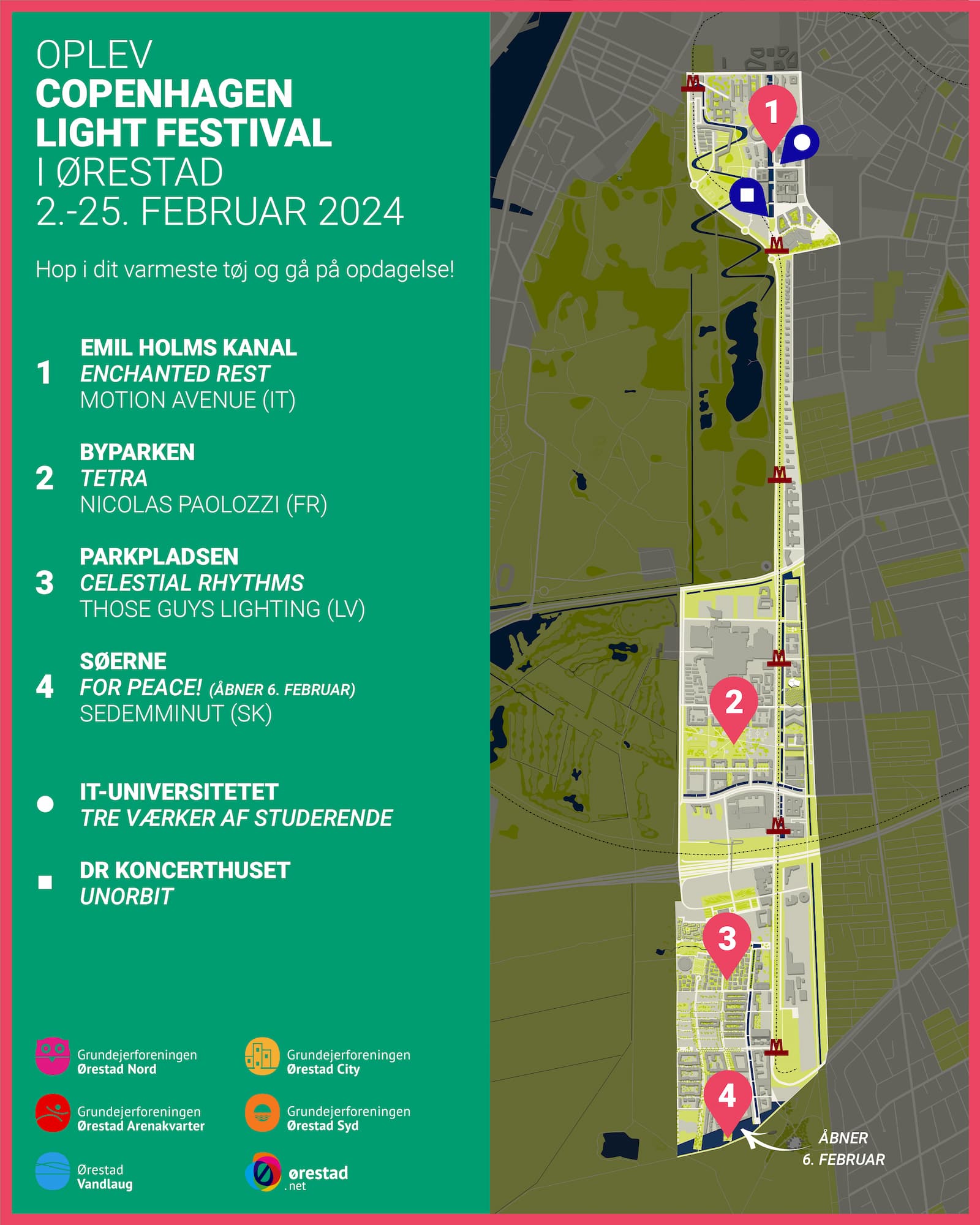 Kort over værker i Ørestad under Copenhagen Light Festival. Opdateret 2. februar 2024.