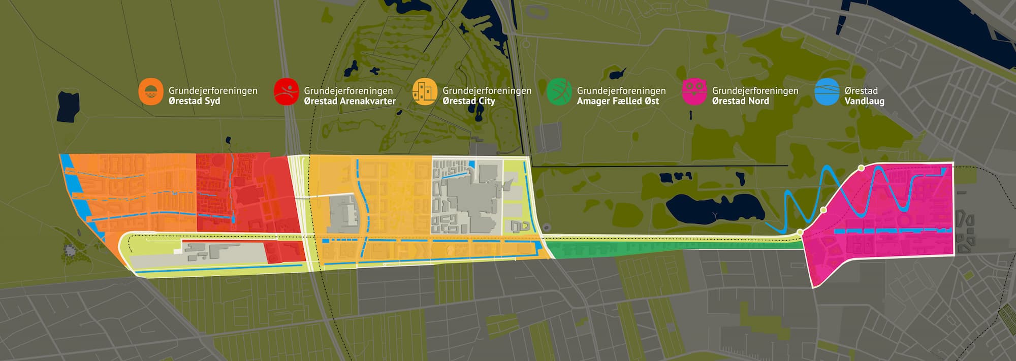 Kort over Ørestads kvarterer samt kanaler og søer anno 2024. Kortet viser derudover opdelingen af Ørestads grundejerforeninger, hvis bestyrelser har ansvaret for drift og udvikling af fællesarealerne.
