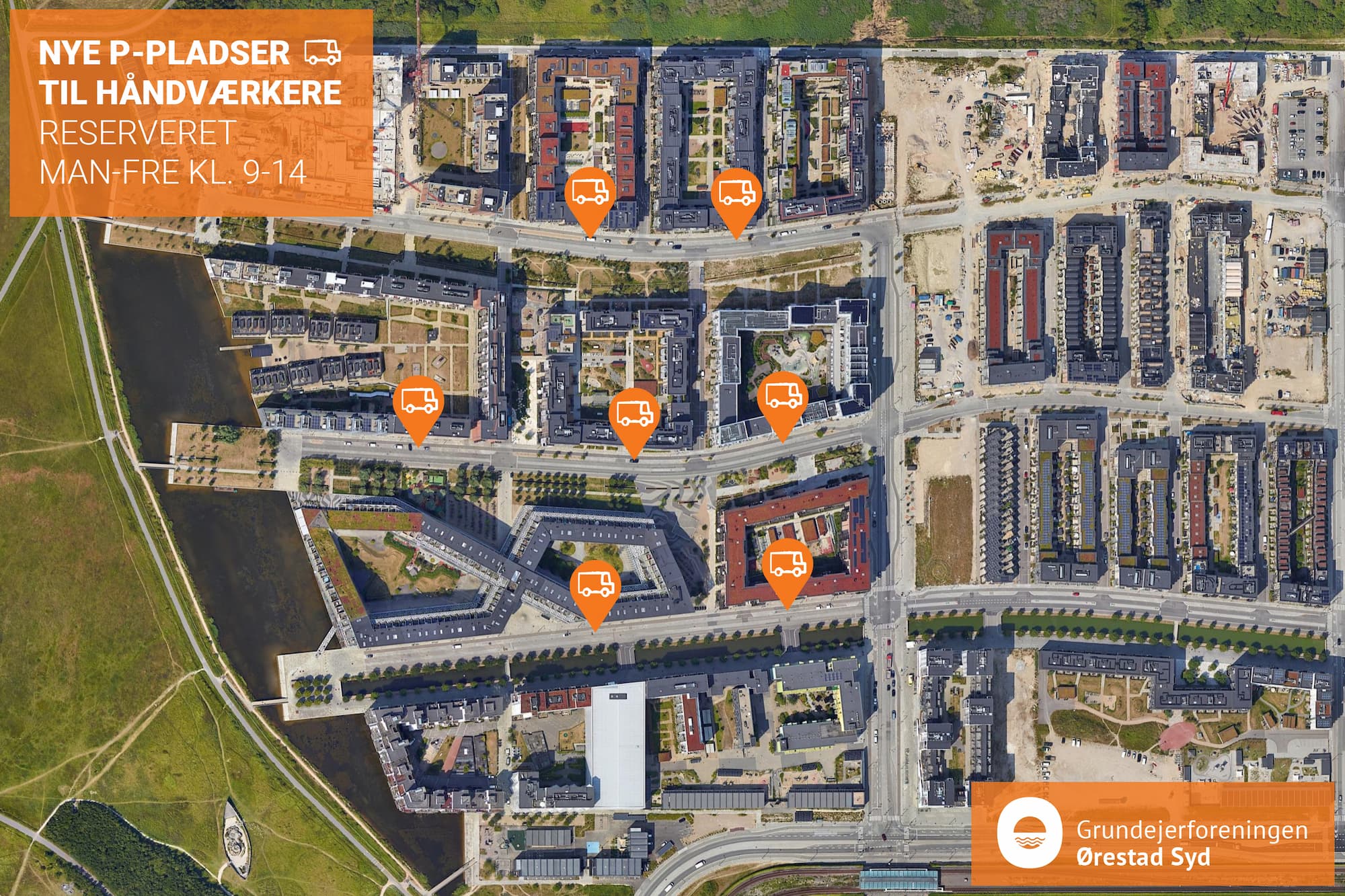 Kort over nye p-pladser til håndværkere i Ørestad Syd.