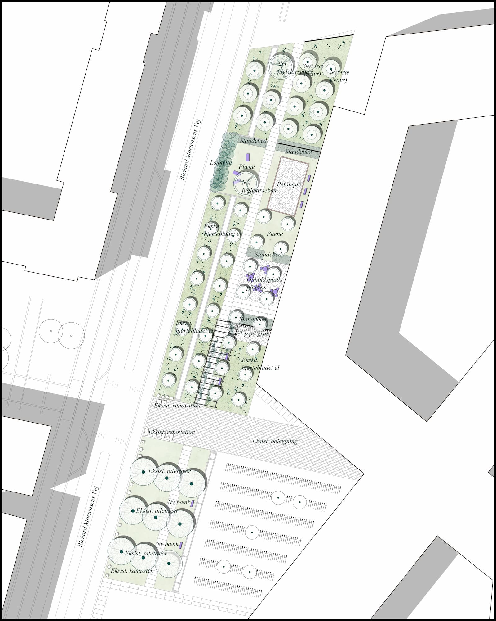 Situationsplan over det nye parkområde langs 8Tallets facade på Richard Mortensens Vej. Visu: BOGL