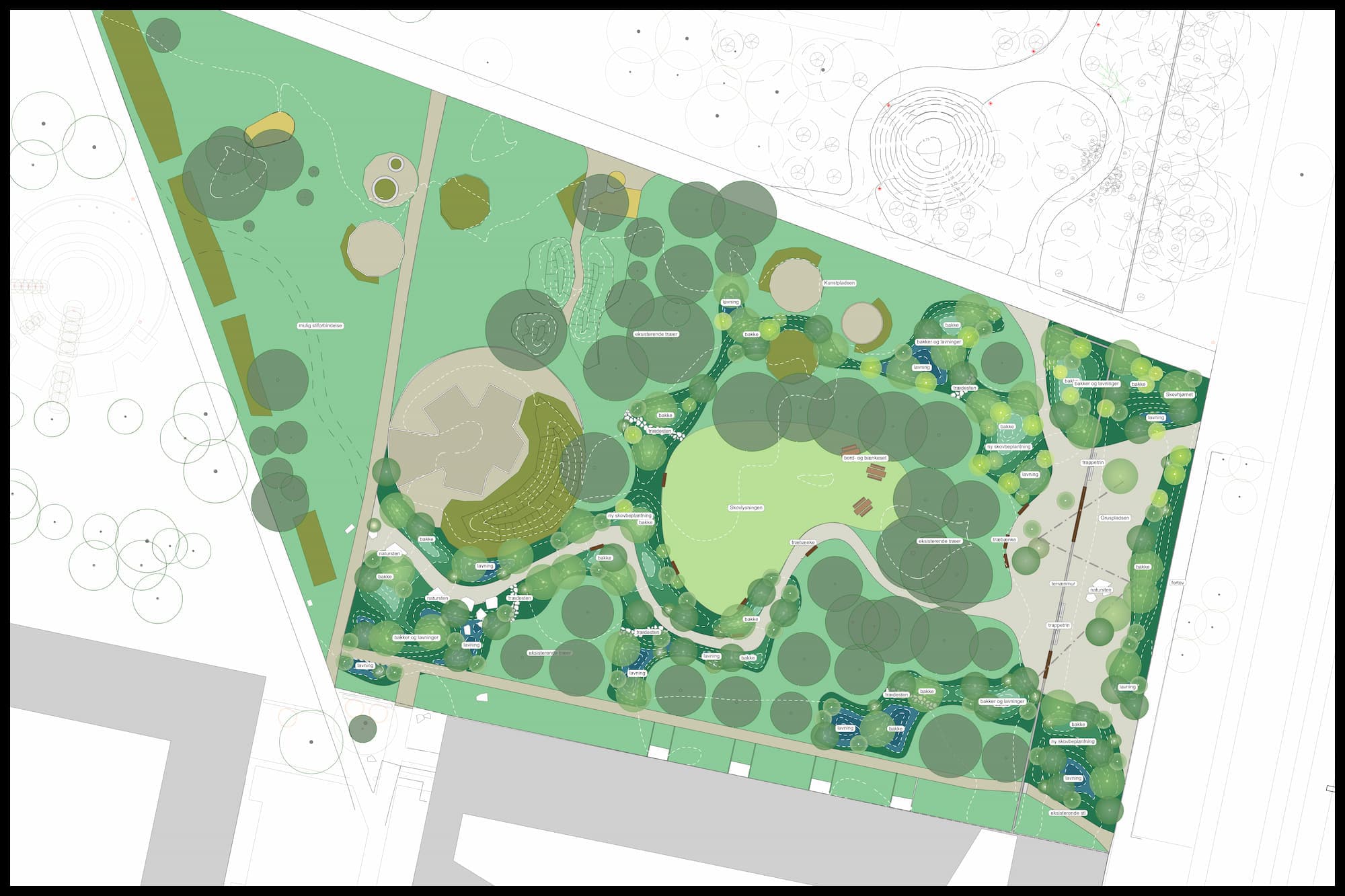 Byparken vokser med meget mere bynatur, nye stier, en lysning og et lille torv i sit sydøstlige hjørne. Ret til ændringer forbeholdes. Visu: SLA