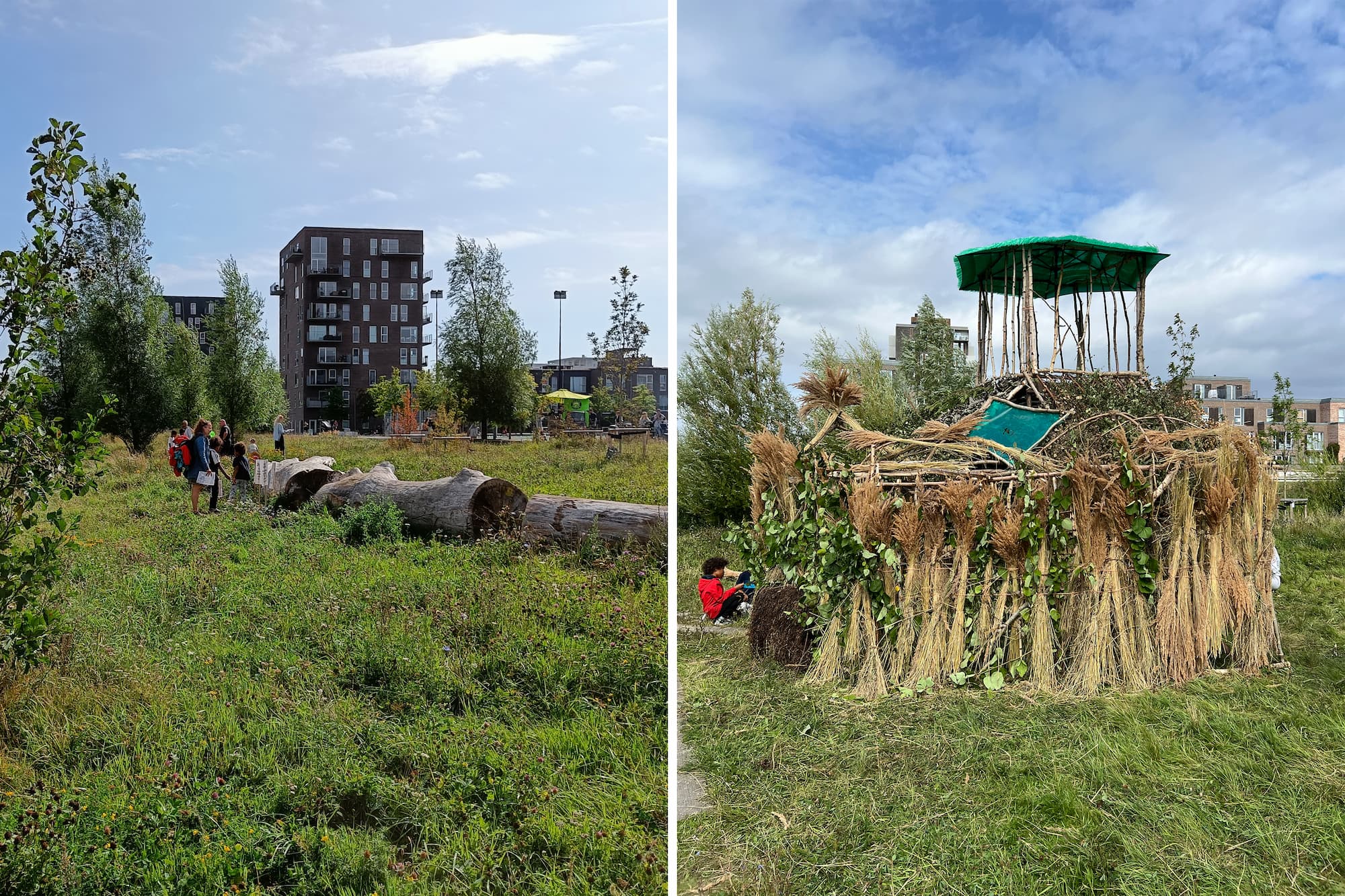 Ni kæmpe træstammer på Byfælleden fungerer både som insektbo og et skulpturelt forløb, mens en hule bygget på Arenakvarterets Naturdag udgør endnu et finurligt legeelement.