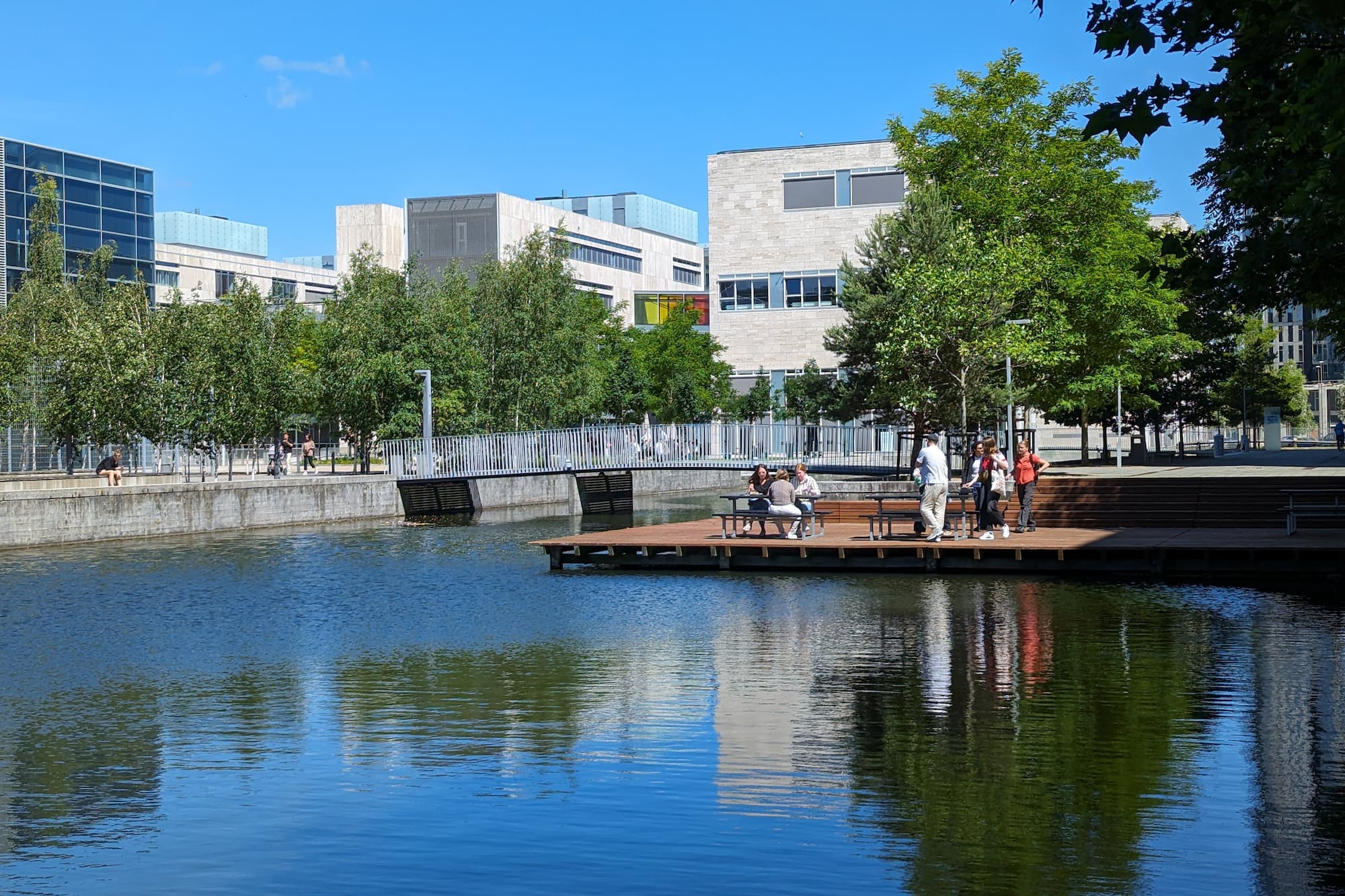 Studerende hænger ud ved vandet i Universitetskanalen i Ørestad Nord.