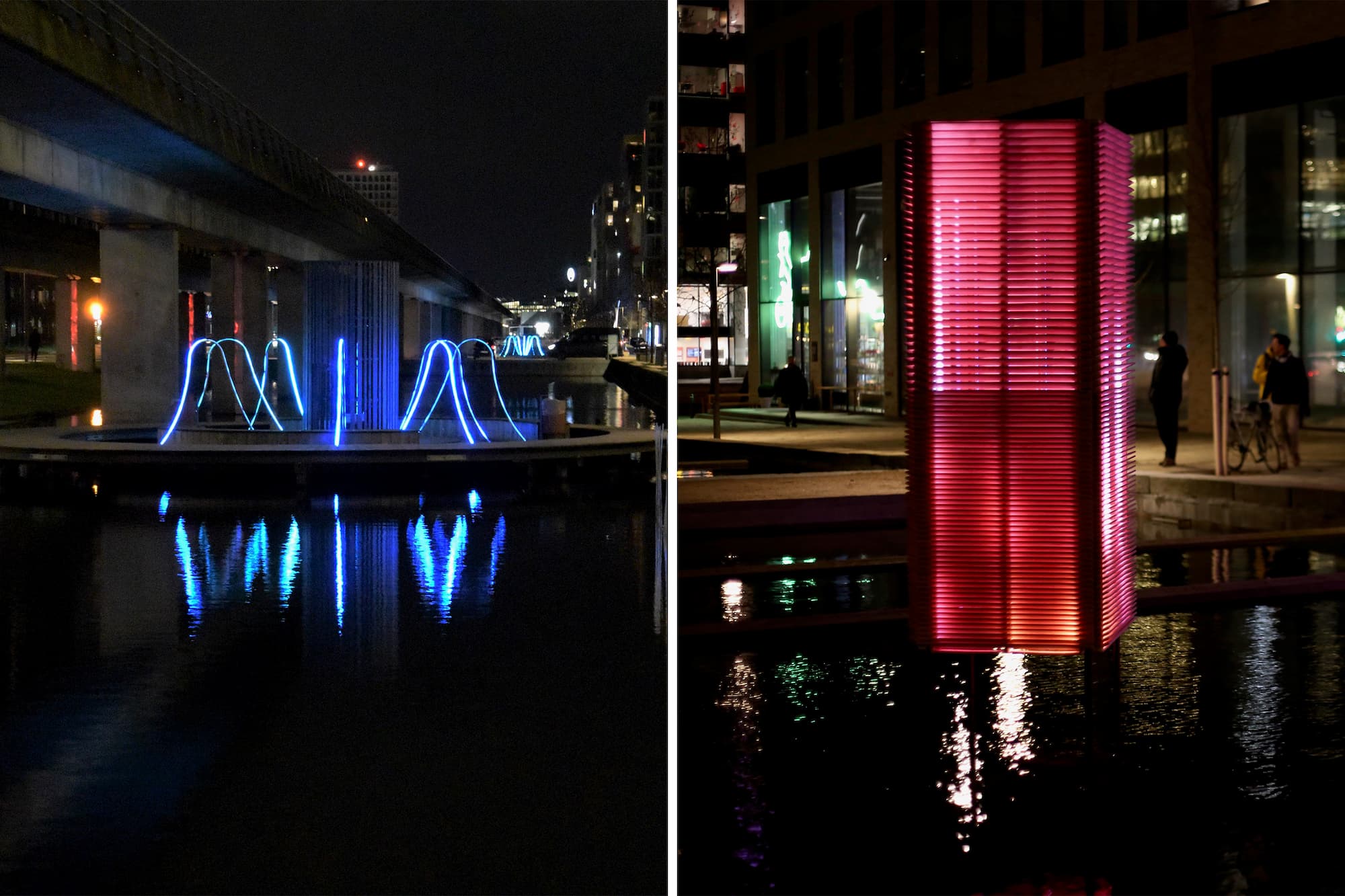 Communicator (Siiku) og The Stack (Circuit Circus). Værkerne kunne opleves i Ørestad under Copenhagen Light Festival i 2022.