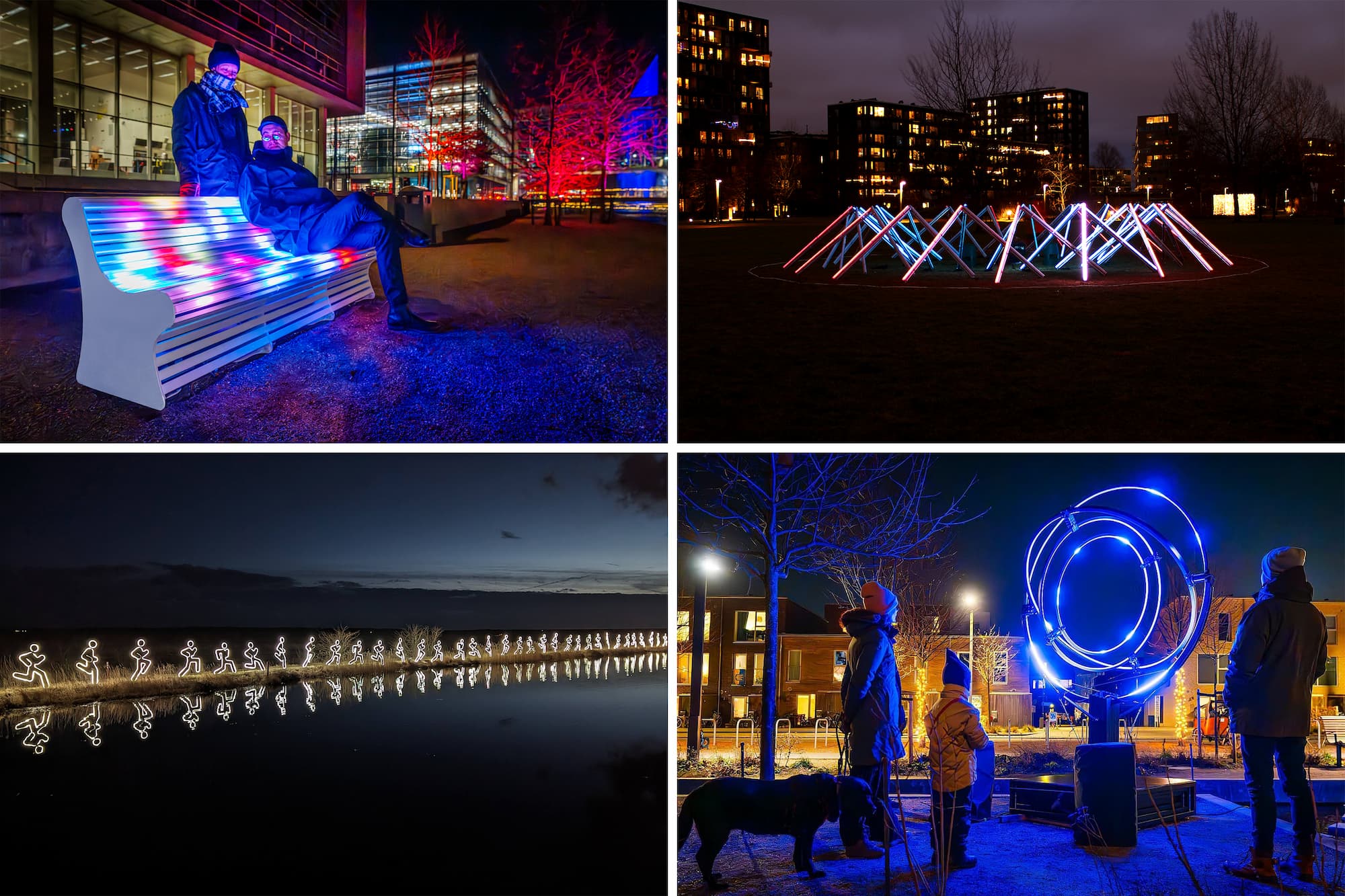 Enchanted Rest (Motion Avenue), TETRA (Nicolas Paolozzi), For Peace! (Sedemminut) og Celestial Rhythms (Those Guys Lighting). Værkerne kunne opleves i Ørestad under Copenhagen Light Festival i 2024.