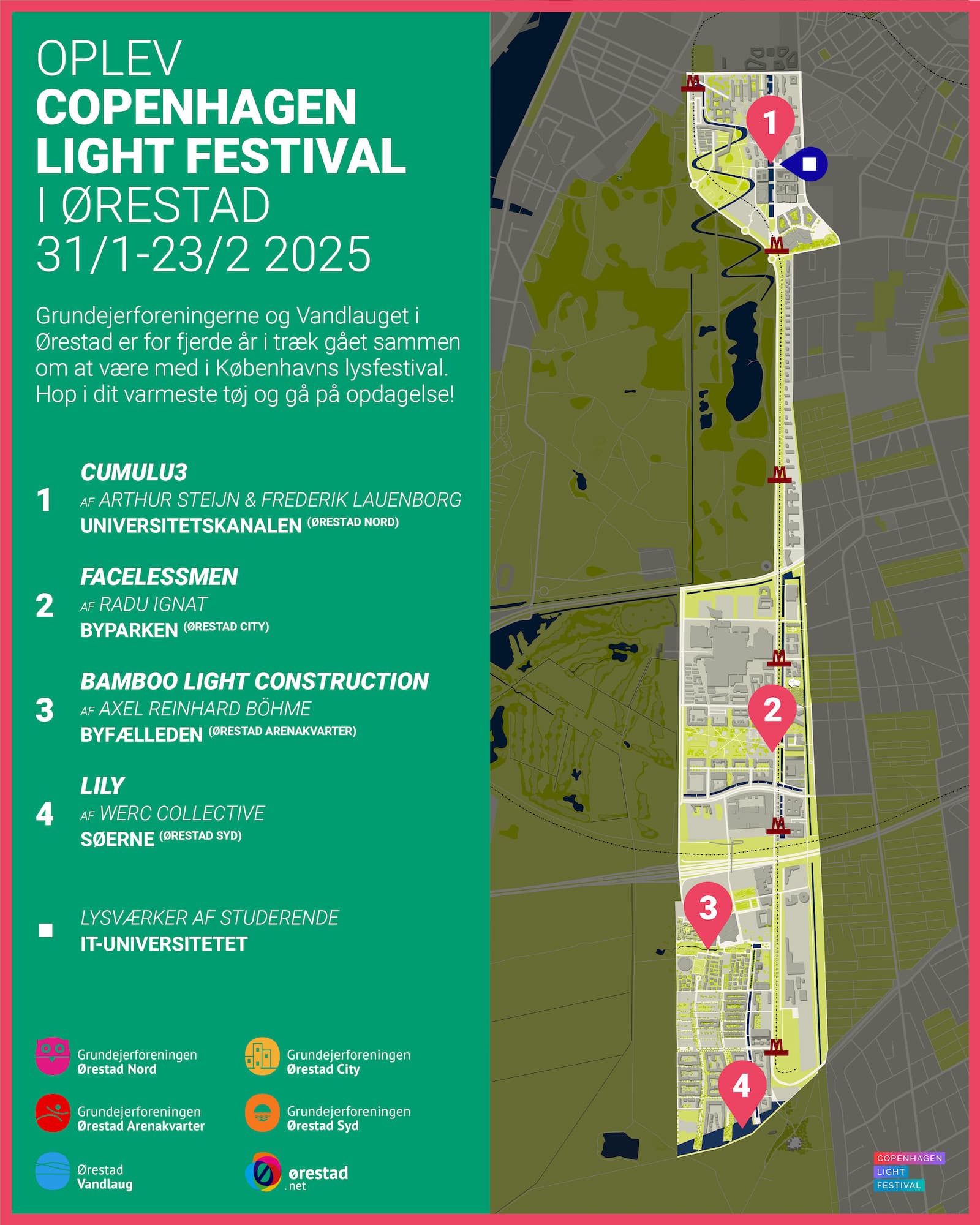 Kort, der viser placeringerne af de lysværker, Ørestad Grundejerforeninger og Vandlaug er værter for under Københavns lysfestival i 2025.