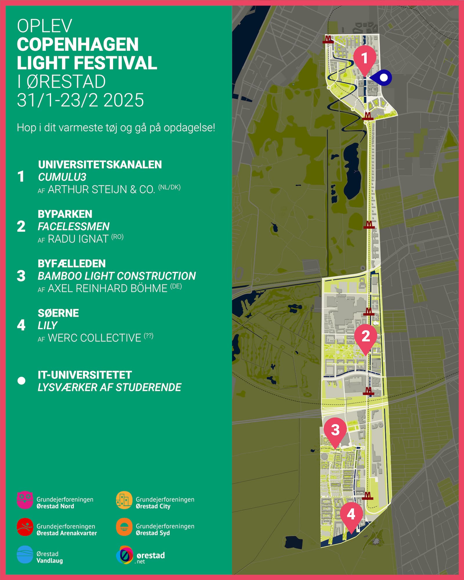 Kort, der viser placeringerne af de lysværker, Ørestad Grundejerforeninger og Vandlaug er værter for under Københavns lysfestival i 2025.