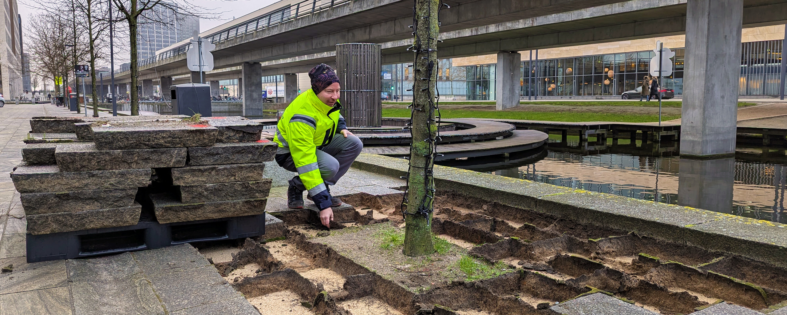 Grundejerforeningen Ørestad City vil skabe mere plads til blomster og bynatur. Langs kanalen bliver nogle fliser nu fjernet for at gøre plads til blomsterbede og give træerne mere plads til at vokse sig større.