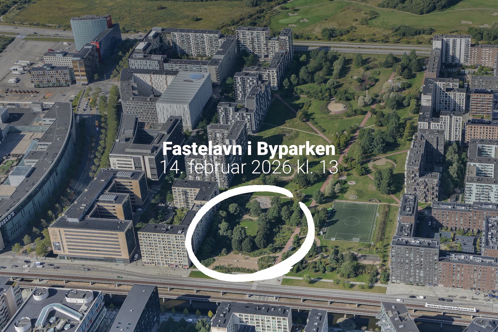 Kort, der viser, hvor der er fastelavn i Byparken lørdag den 14. februar 2026 kl. 13.