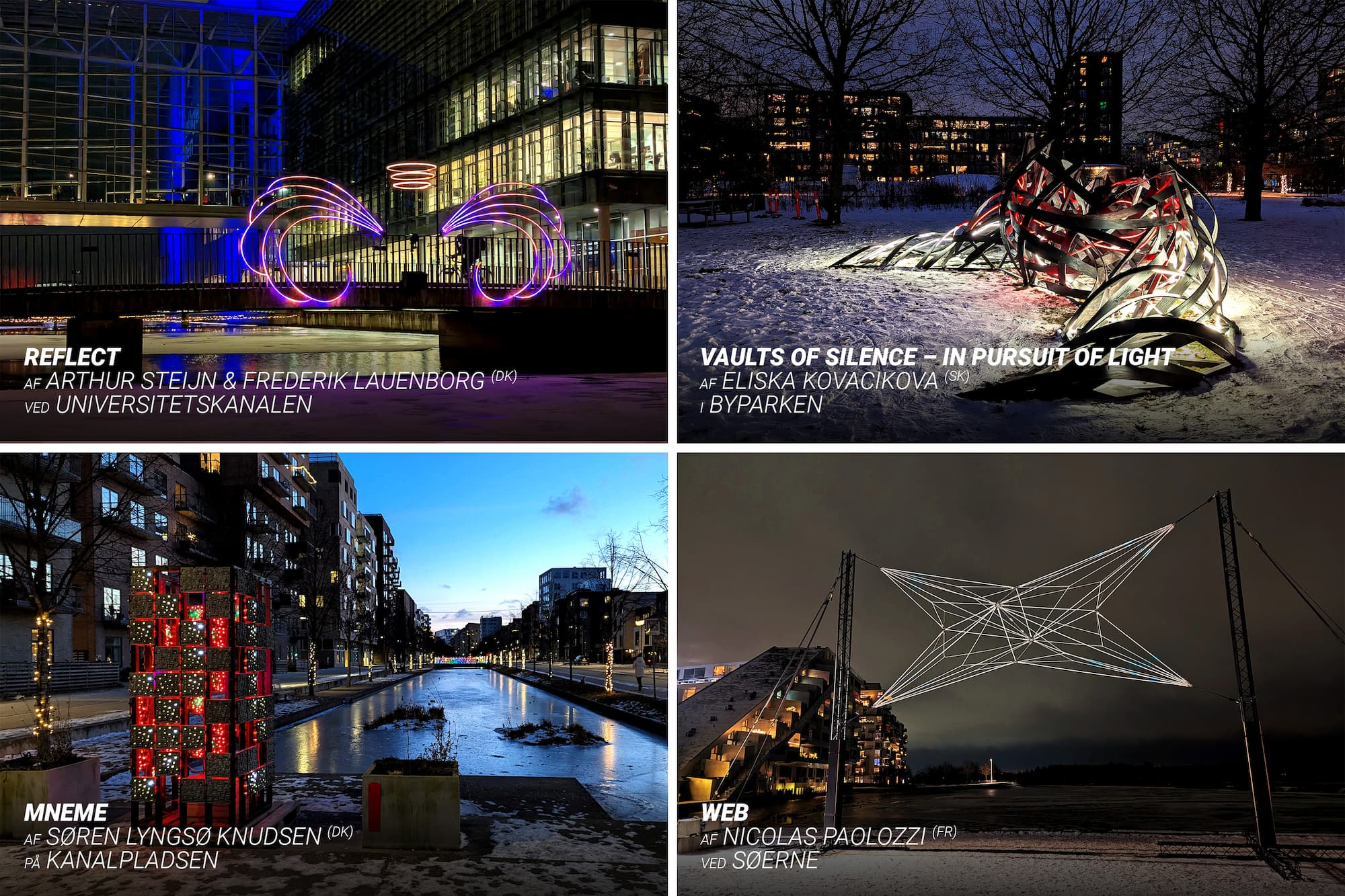 De fire værker, som grundejerforeningerne og Vandlauget i Ørestad var værter for under Copenhagen Light Festival 2026.