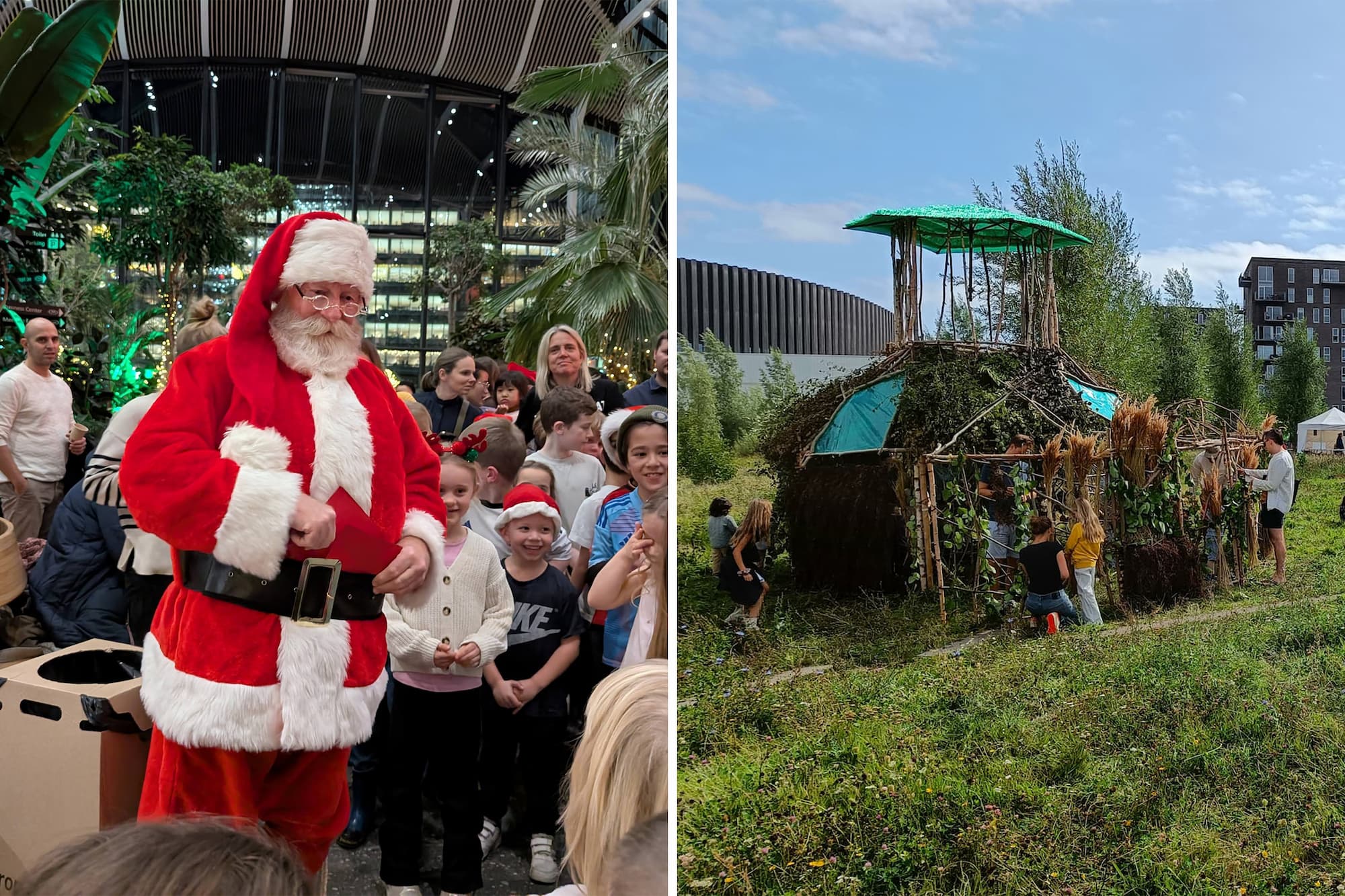 Til venstre: Julemandsbesøg i Crowne Plaza. Til højre: Hulebyggeri på Naturdag.