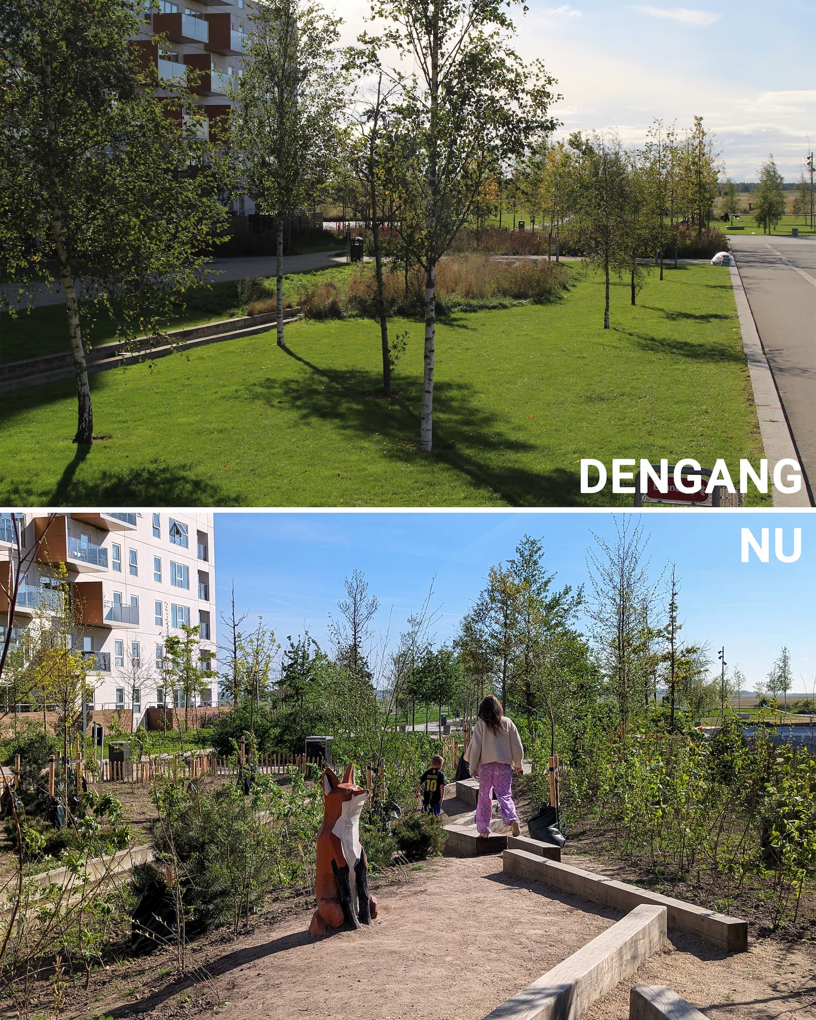 Legepladsen i Skovrummet før og efter grundejerforeningens arbejde.