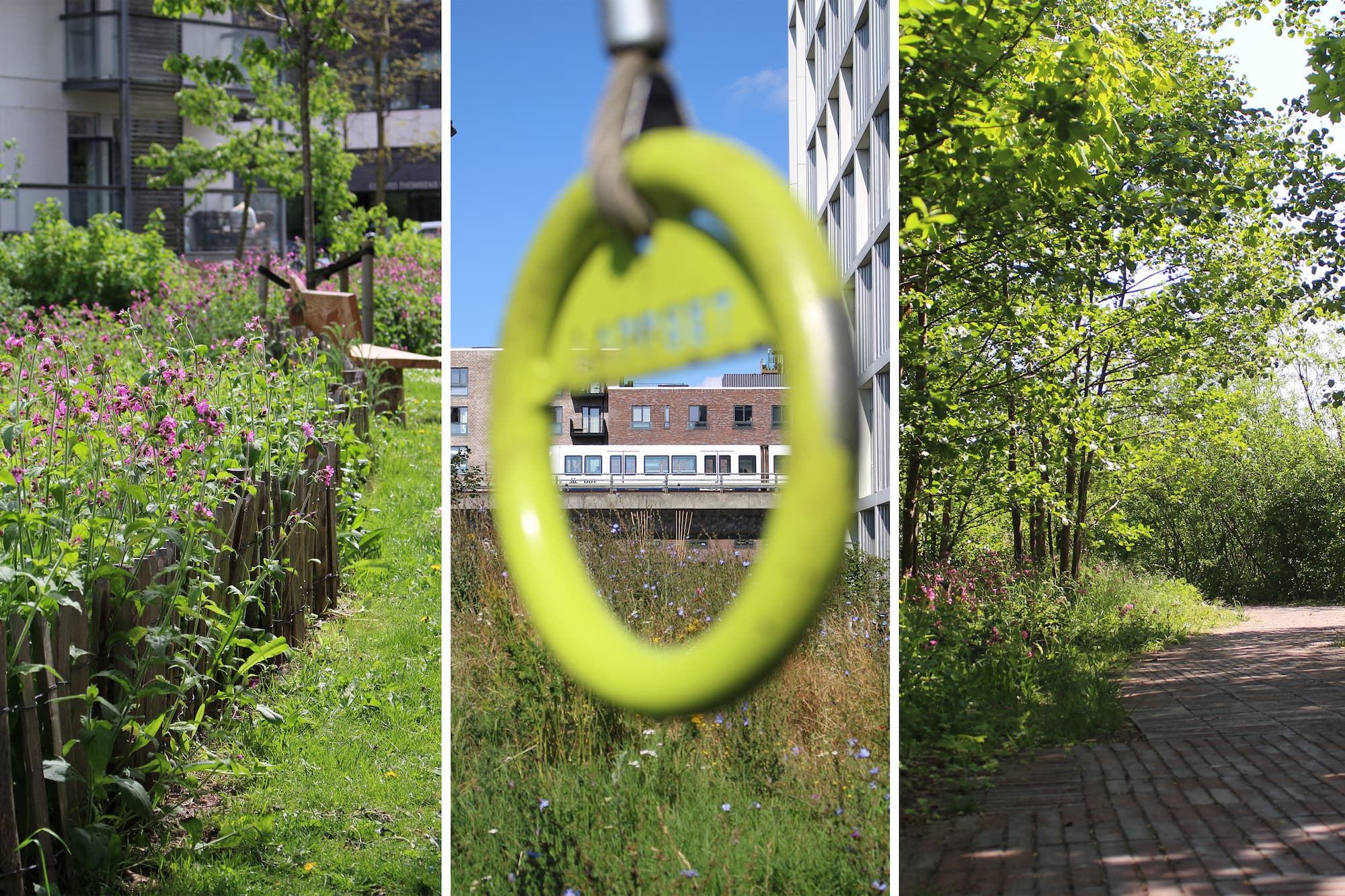 Tre af Ørestad Citys lommeparker: Frugtlommen, Fitnessparken og Skovbrynet.