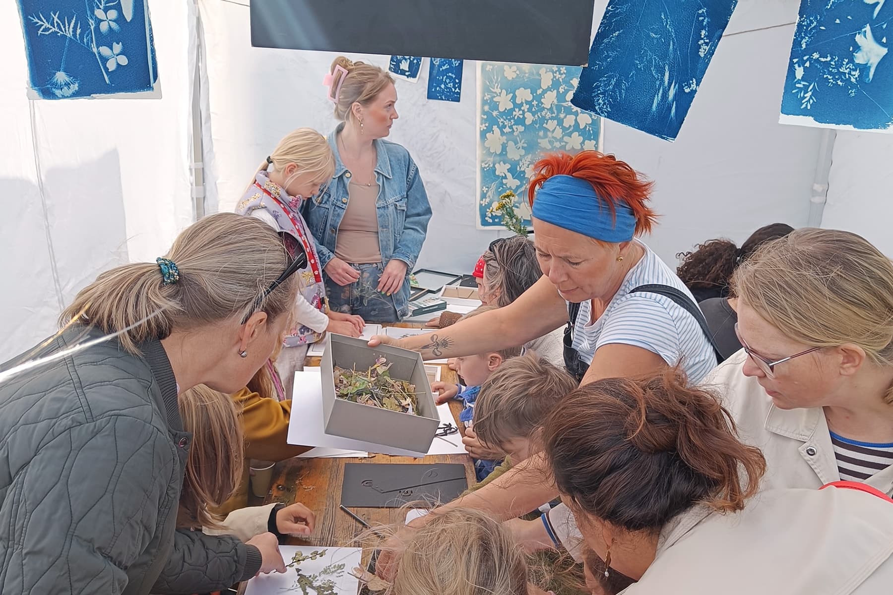 Blåtryk (cyanotypi) med Anna Taws og Miljøpunkt Amager til Naturdag i Arenakvarteret.