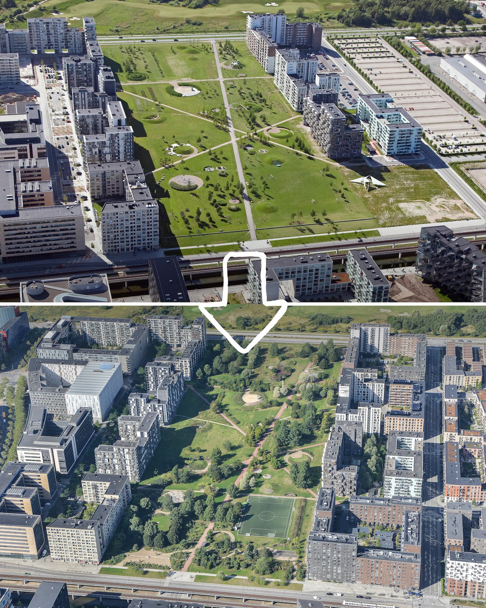 Byparken i 2010 og 2025. Luftfotos af By & Havn.