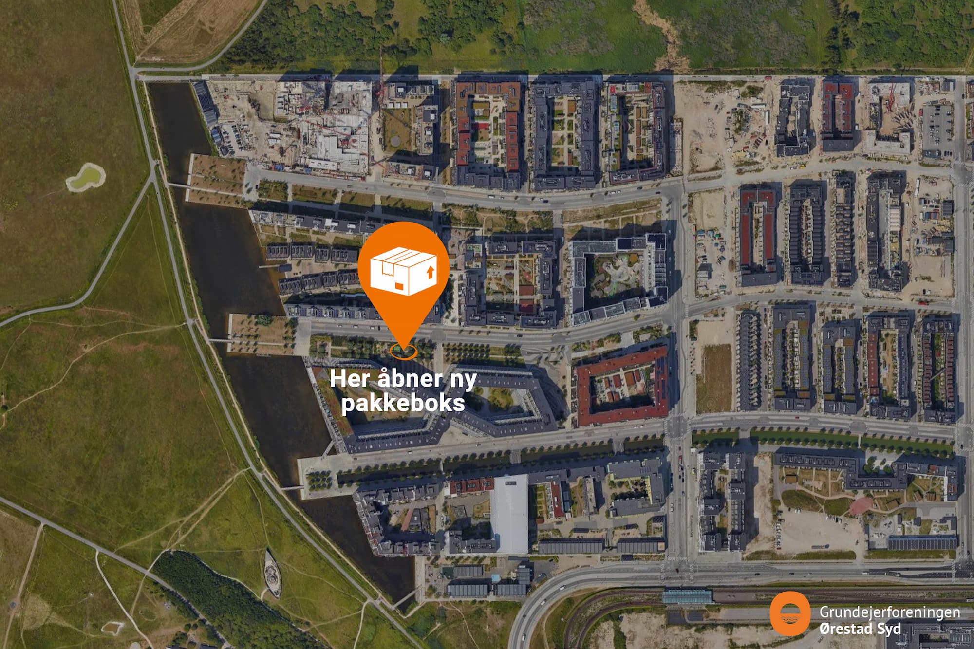 Kort, der viser, hvor den nye pakkeboks åbner i Ørestad Syd.