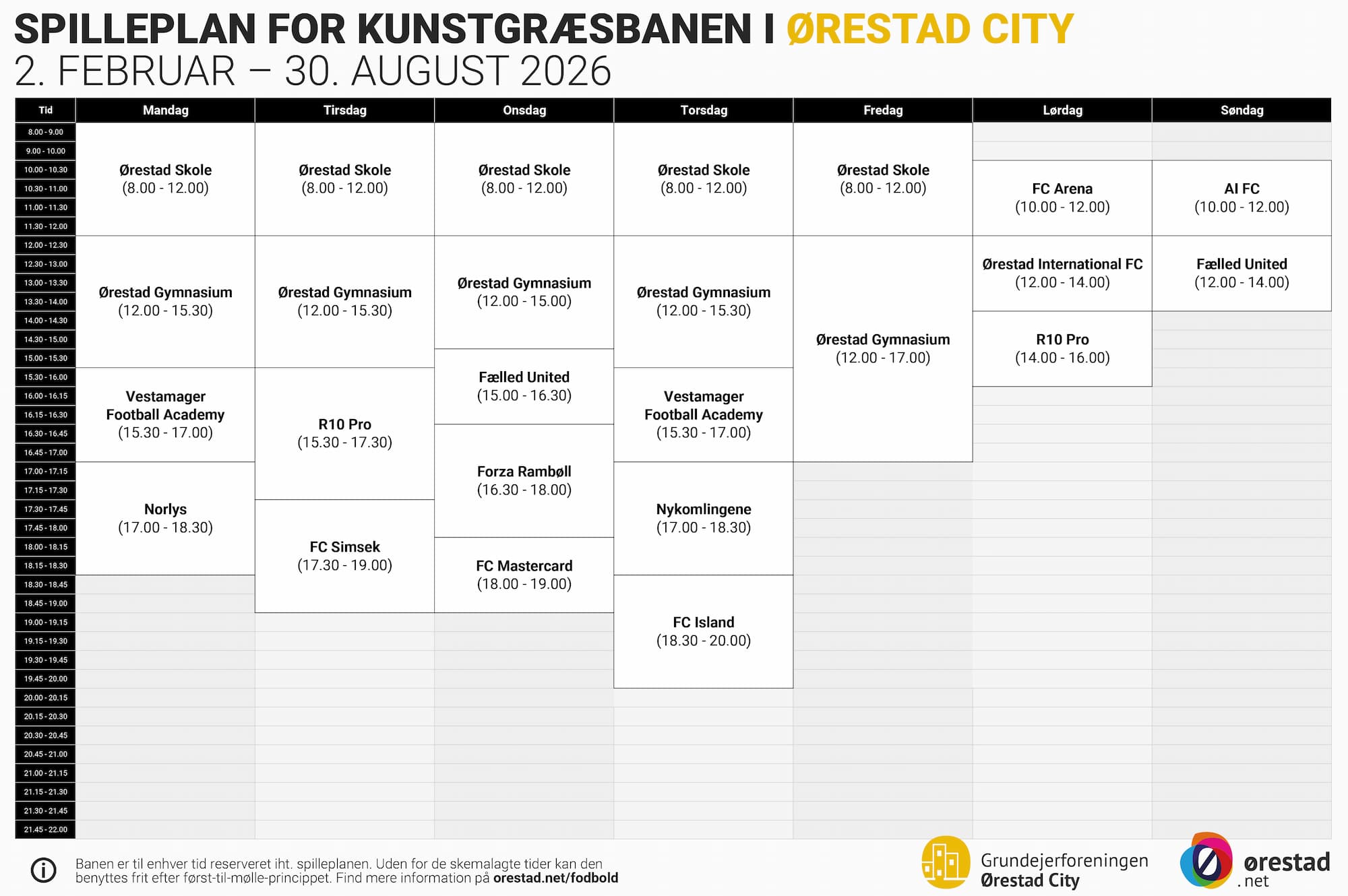 Spilleplan for kunstgræsbanen i Ørestad City.
