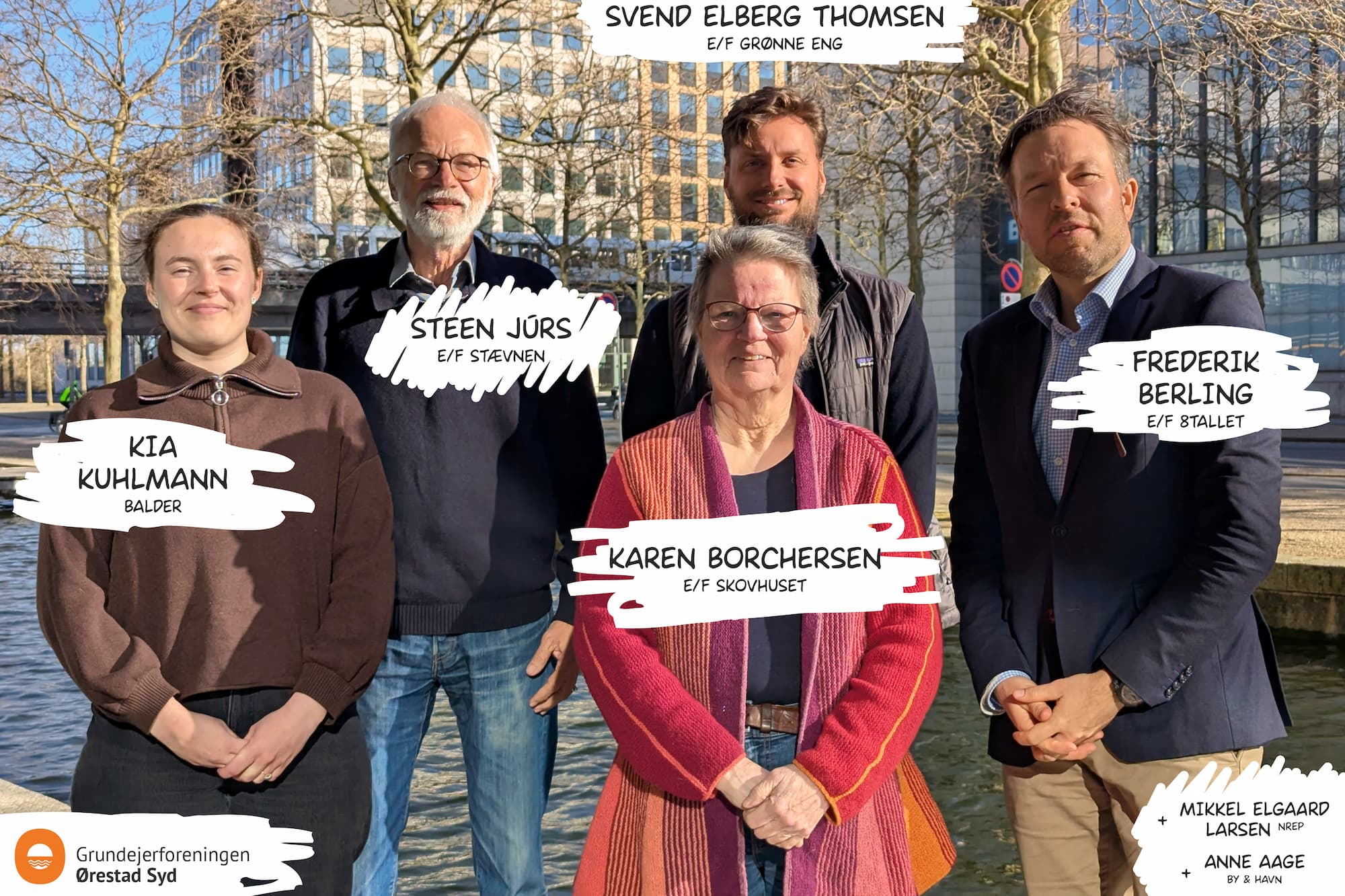Grundejerforeningen Ørestad Syds bestyrelse pr. 9. april 2026. Fra venstre: Kia Kuhlmann, Steen Jürs, Karen Borchersen, Svend Elberg Thomsen, Frederik Berling. Ikke til stede: Anne Aage, Mikkel Elgaard Larsen.