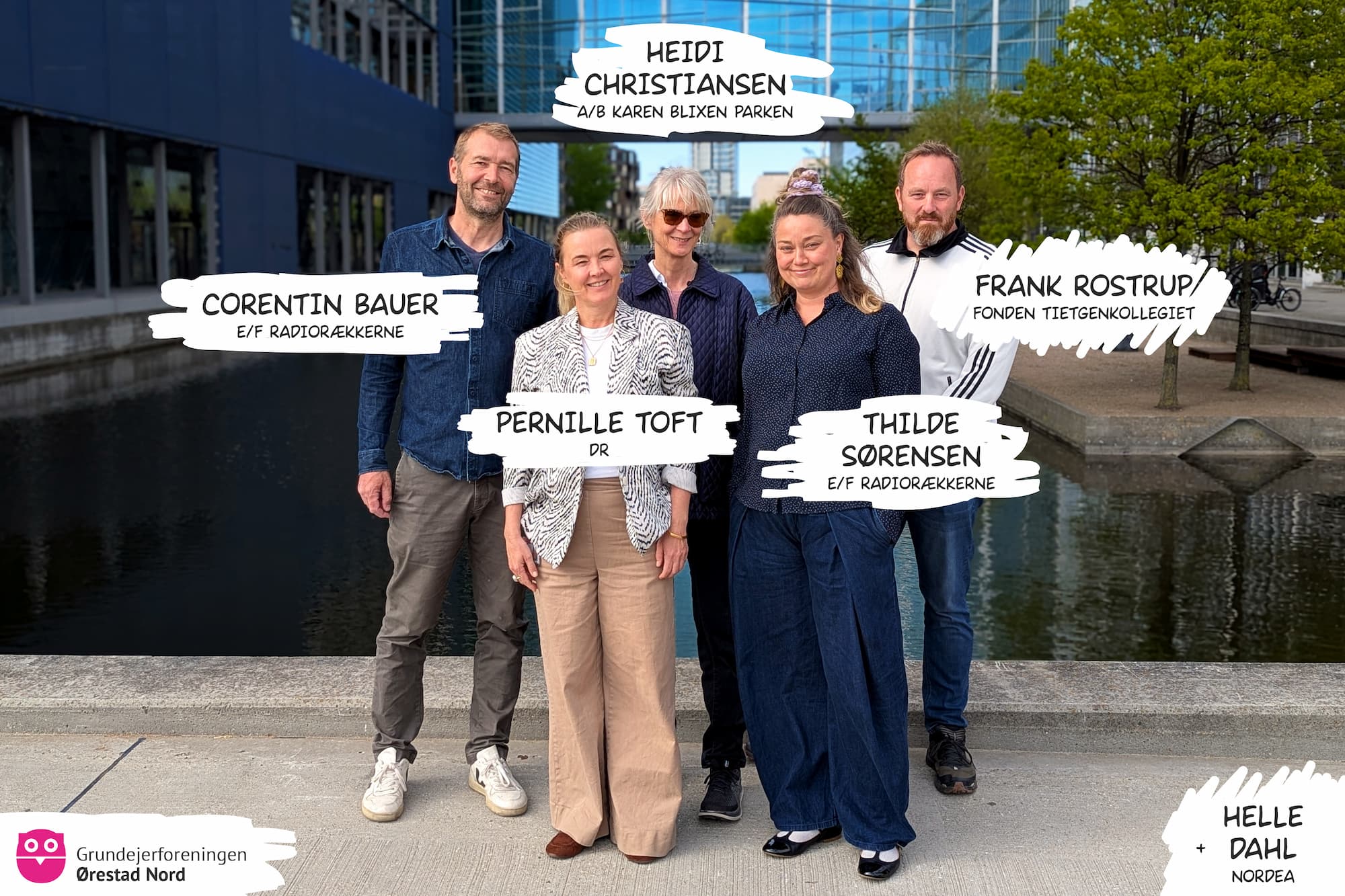 Bestyrelsen i Grundejerforeningen Ørestad Nord i 2026. Fra venstre: Corentin Bauer, Pernille Toft, Heidi Christiansen, Thilde Sørensen, Frank Rostrup. Ikke til stede: Helle Dahl