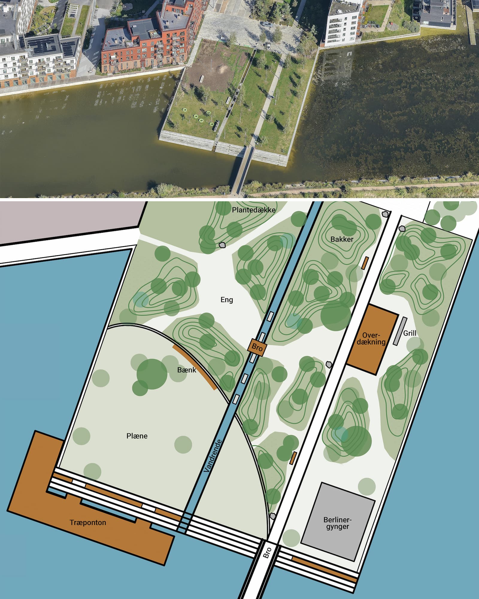 Ligesom resten af Skovrummet er molepladsen tegnet af landskabsarkitekterne BOGL, som sammen med Ørestad Syds bestyrelse og Grundejerforeningssekretariatet har valgt at prioritere tæt beplantning og aktivitetspladser ud mod vandet. Ret til ændringer forbeholdes.