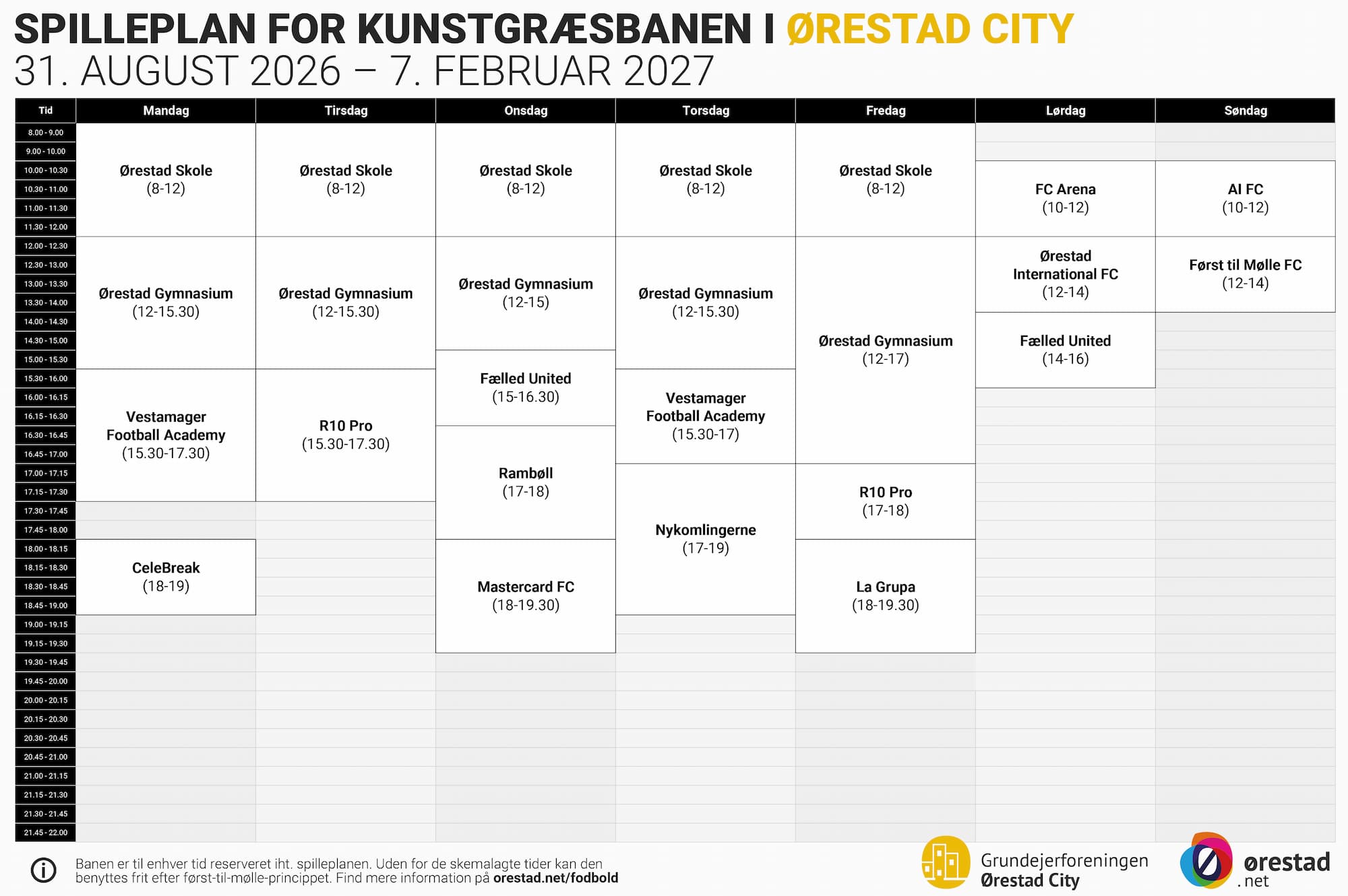 Spilleplan for kunstgræsbanen i Byparken i Ørestad City.