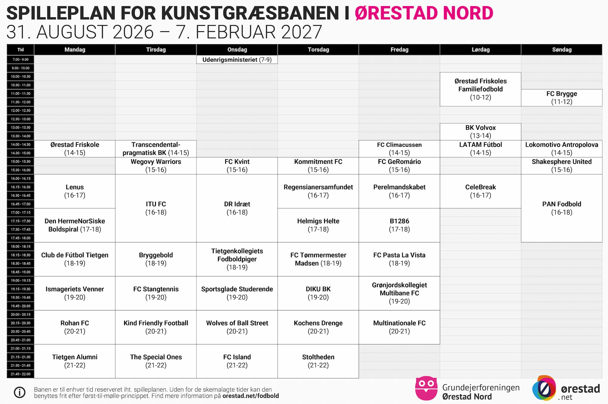 Spilleplan for kunstgræsbanen i ï Ørestad Nord.